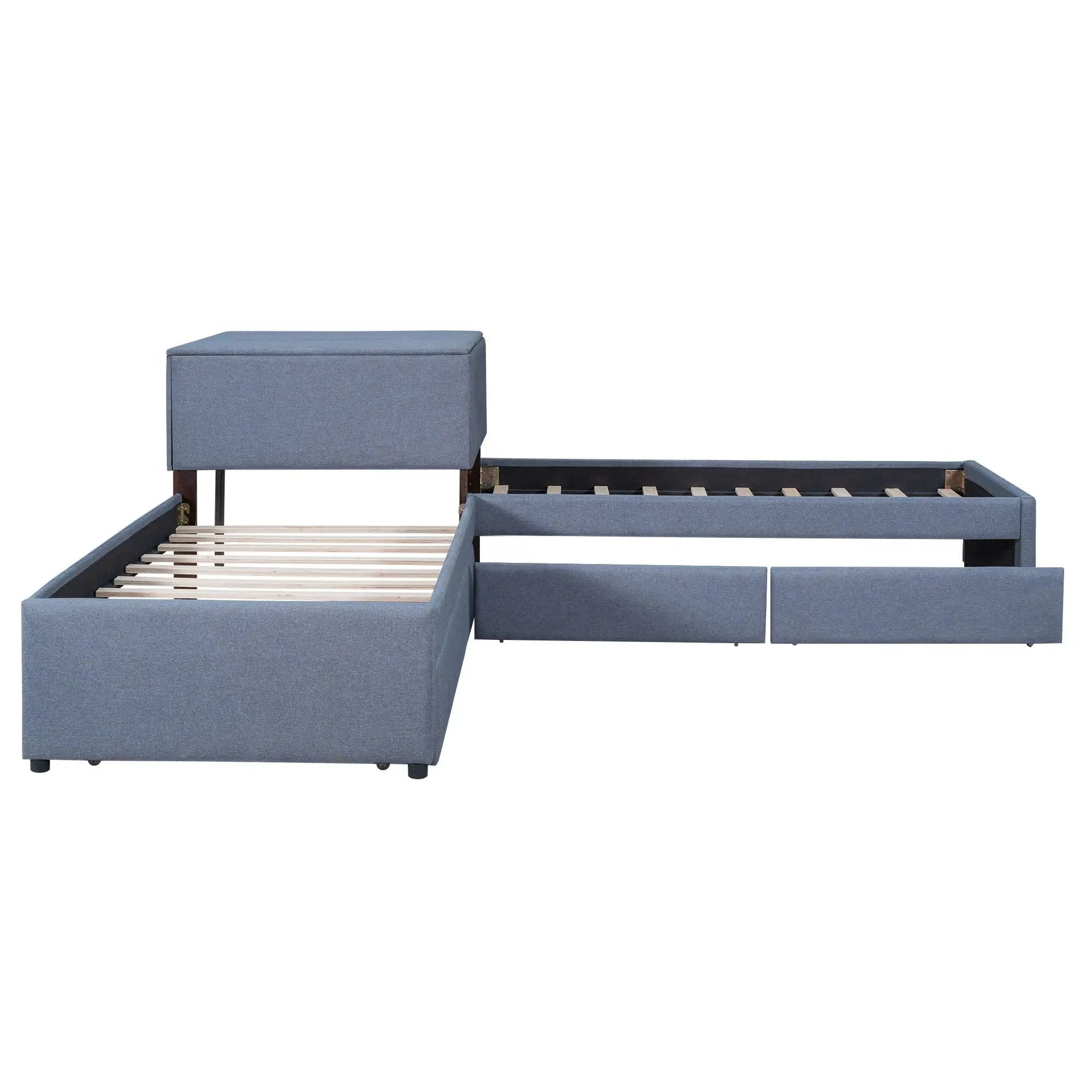 L Shaped Upholstered Platform Bed With Trundle And 2 Drawers Linked With Built In Desk by HouseOfZazla