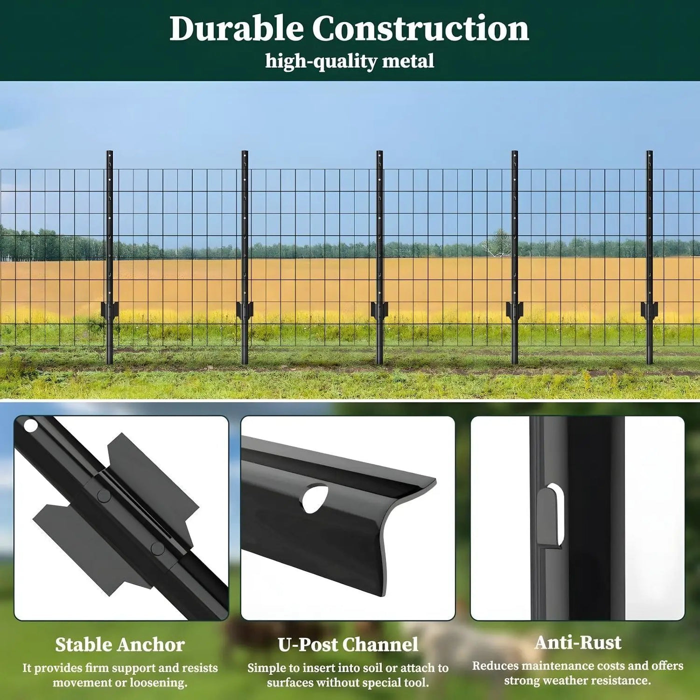 4 Foot U-Shaped Metal Garden Fence Posts Set for Wire Mesh Fencing by HouseOfZazla