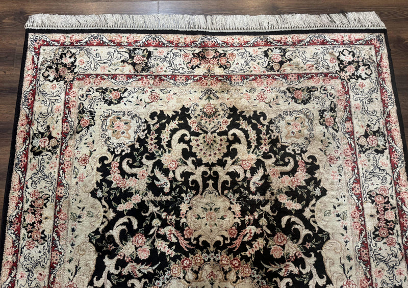 Indian Kashmiri Silk Rug, Floral Medallion, Vintage Hand Knotted Carpet by Jewel Rugs