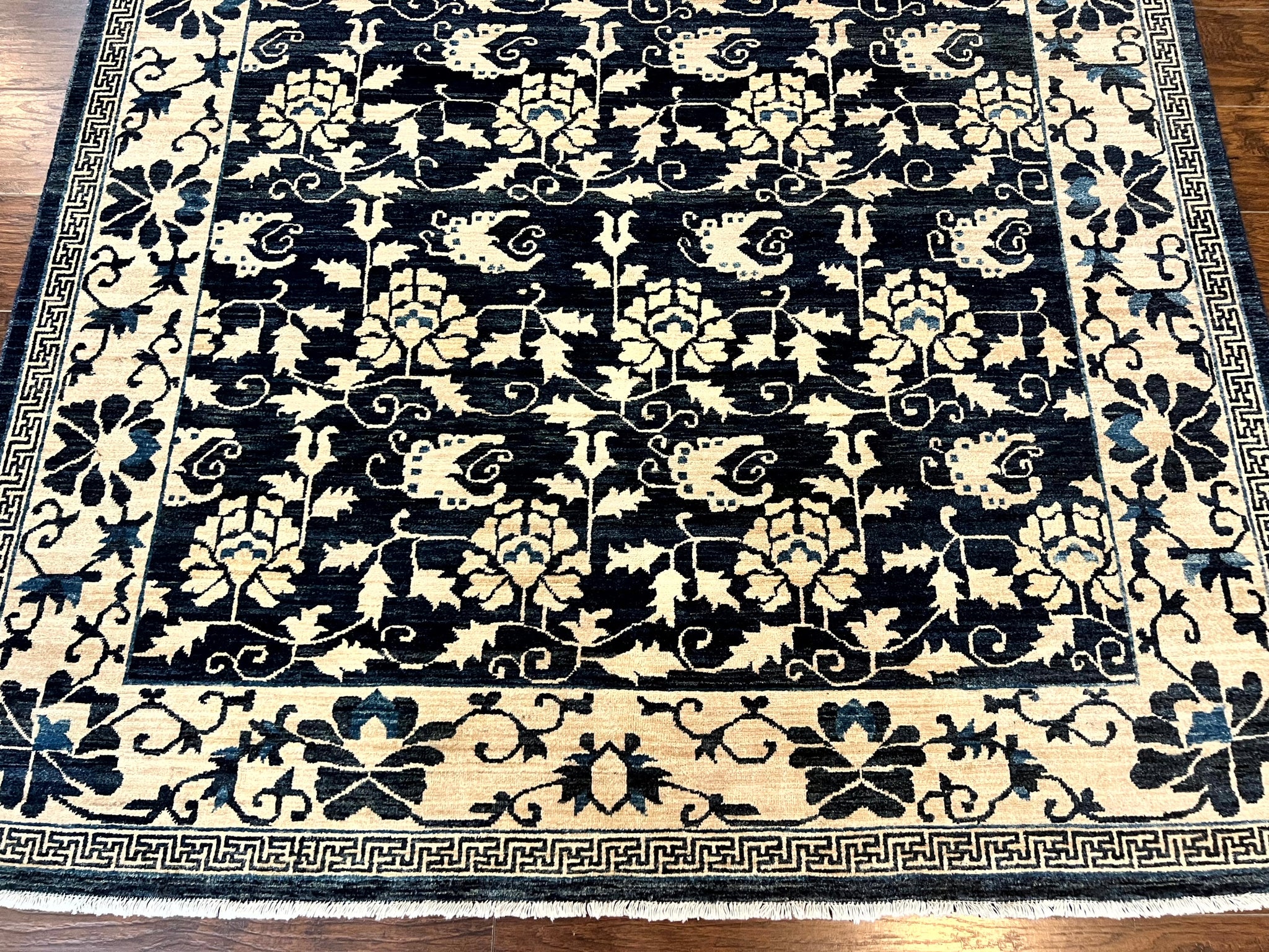 Sino Persian Rug 6x9, Hand Knotted Wool Carpet, Floral Allover, Blue Cream-Tan by Jewel Rugs