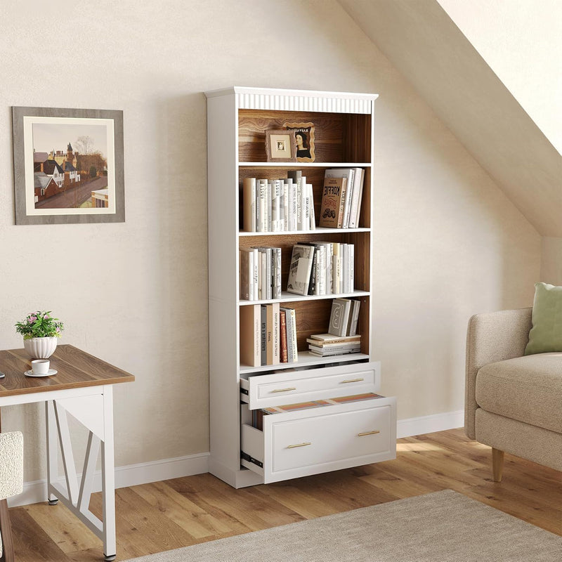 5 Tier White Bookcase With 2 Drawers Storage Organizer For Living Room - White by HouseOfZazla