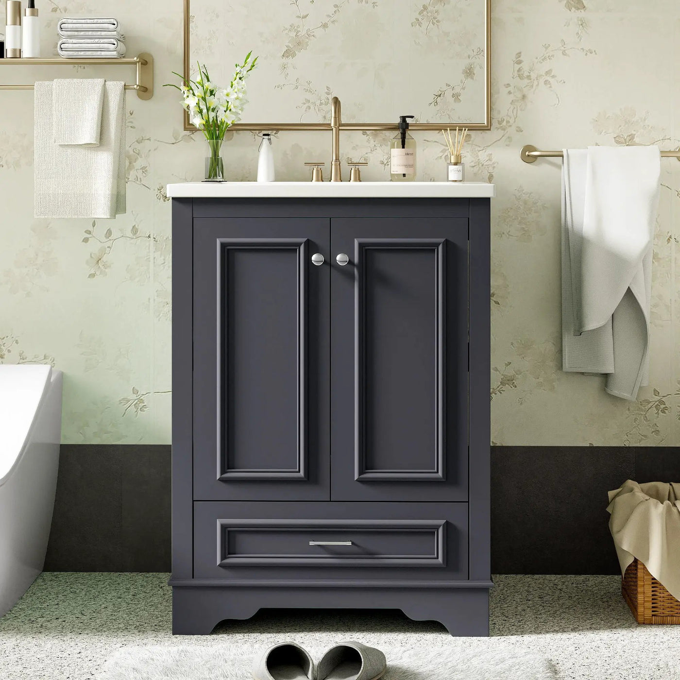 Bathroom Vanity With Ceramic Sink Combo, Modern Freestanding Storage Cabinet With Silver Handles by HouseOfZazla