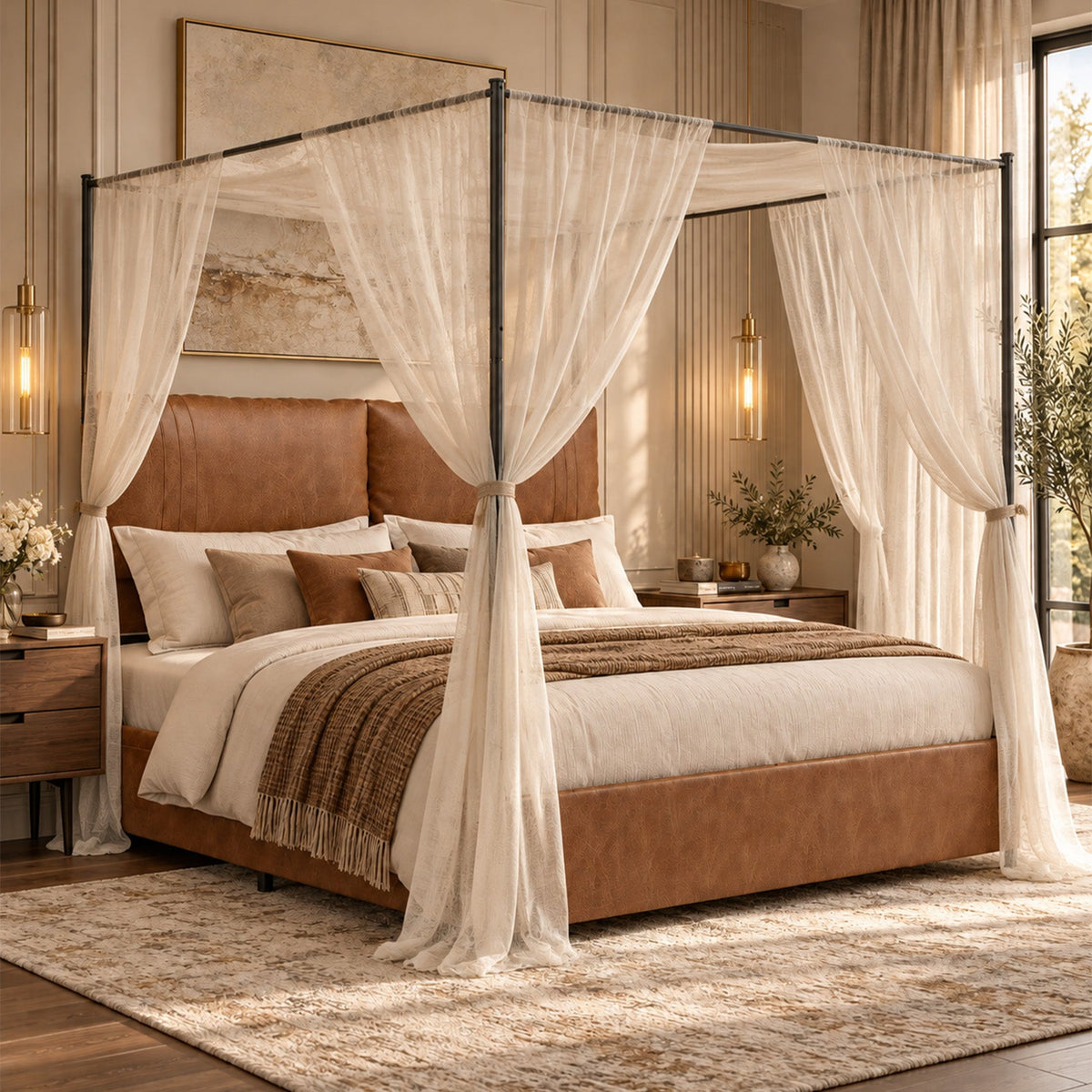 Queen Canopy Bed Frame with Four Poster Metal Design - Rustic Faux Leather