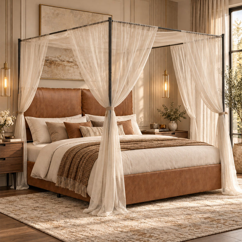 Queen Canopy Bed Frame with Four Poster Metal Design - Rustic Faux Leather