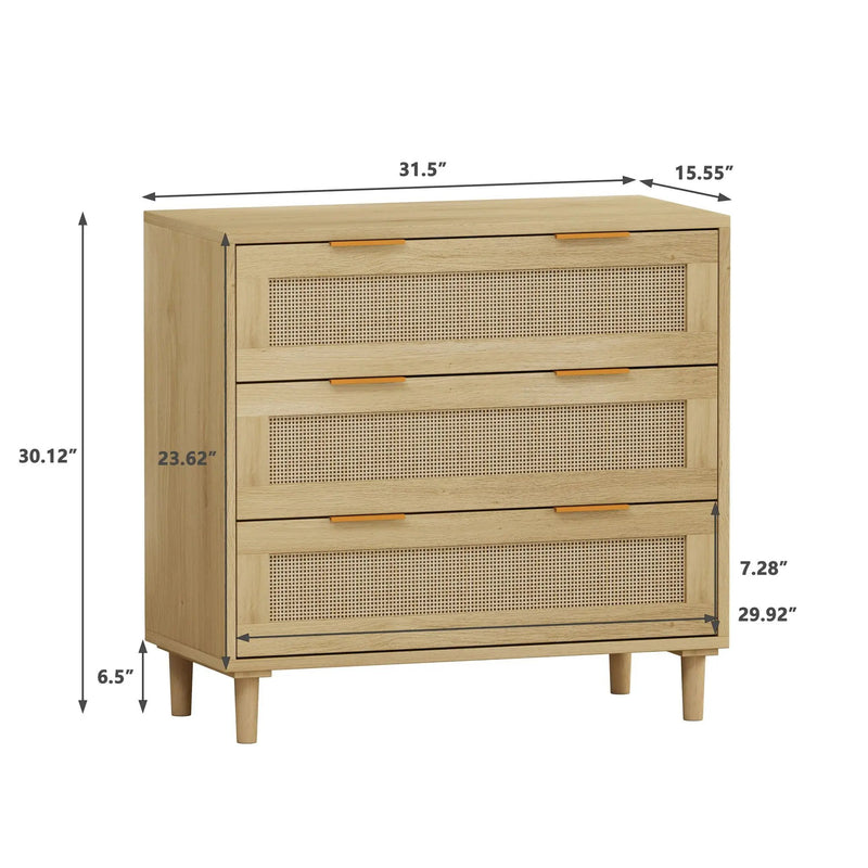 3 Drawer Storage Cabinet With Rattan Drawers For Bedroom, Living Room - Oak by HouseOfZazla