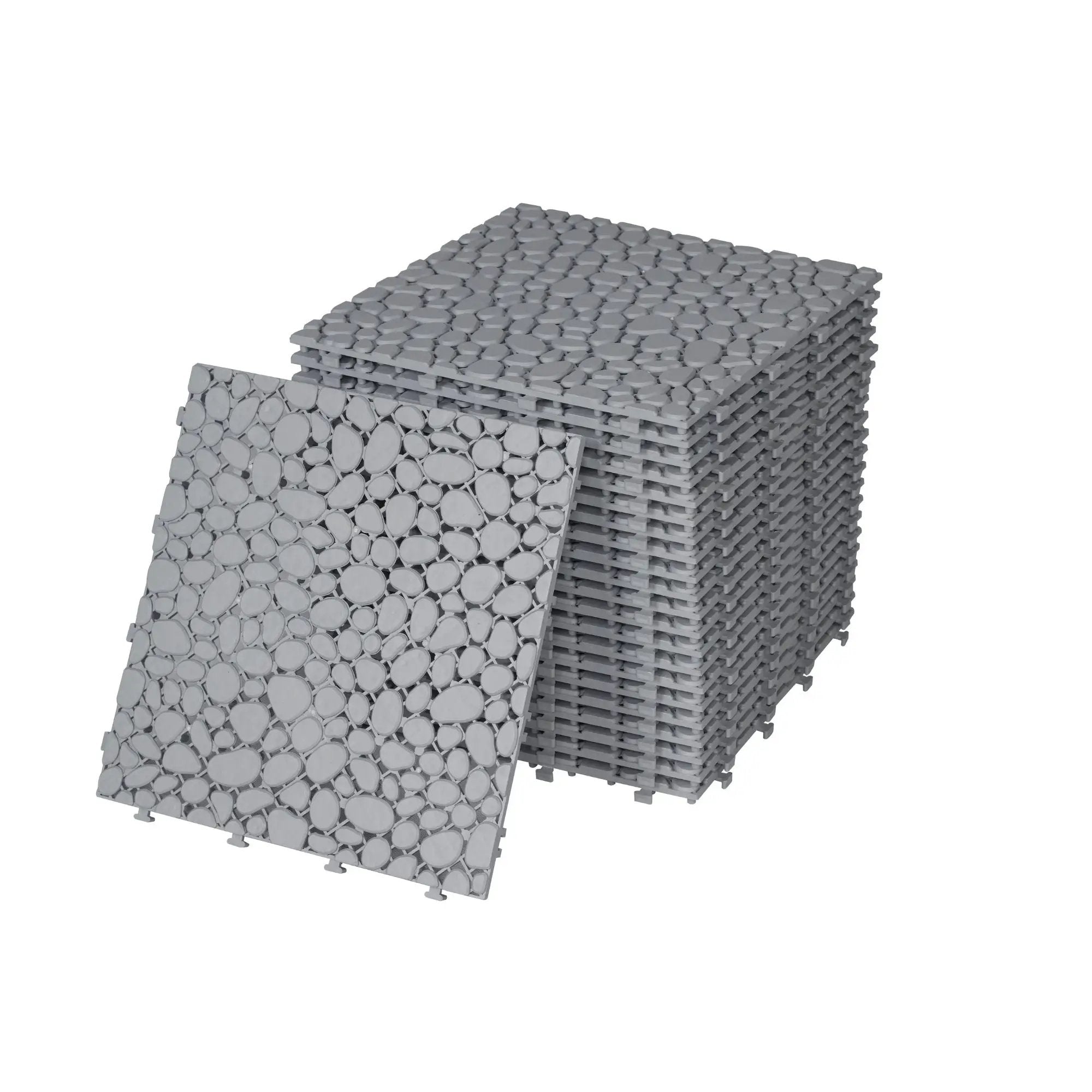 Interlocking Deck Tiles Plastic Waterproof Outdoor All Weather Anti-Slip Bathroom Shower Balcony Porch Strong Weight Capacity Upto 440 Lbs, Pebble Stone Pattern by HouseOfZazla