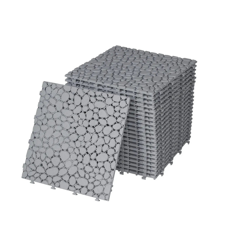 Interlocking Deck Tiles Plastic Waterproof Outdoor All Weather Anti-Slip Bathroom Shower Balcony Porch Strong Weight Capacity Upto 440 Lbs, Pebble Stone Pattern by HouseOfZazla