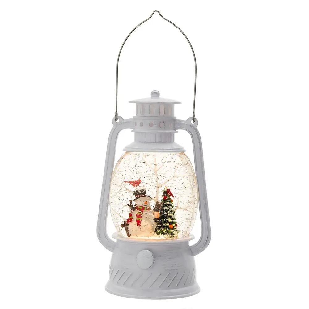 Christmas Plastic / Resin Lantern With Snowman & Tree LED / Water Spinning / 6 Hours Timer, 3*AA Batteries Required - White / Multi by Unique Piece Furniture