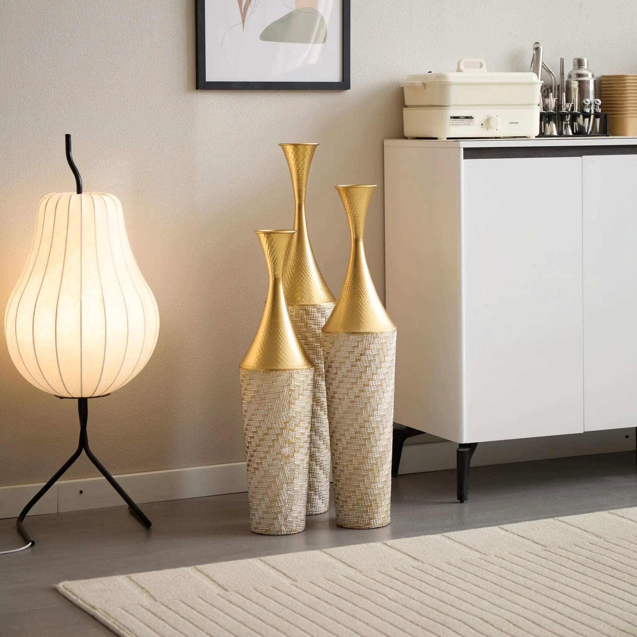 Floor Metal Vase Modern Style Decoration Home Woven Pattern Metal Vase 3 Piece Set Gorgeous Home Decoration Large Glazed Metal Vase - Champagne by HouseOfZazla