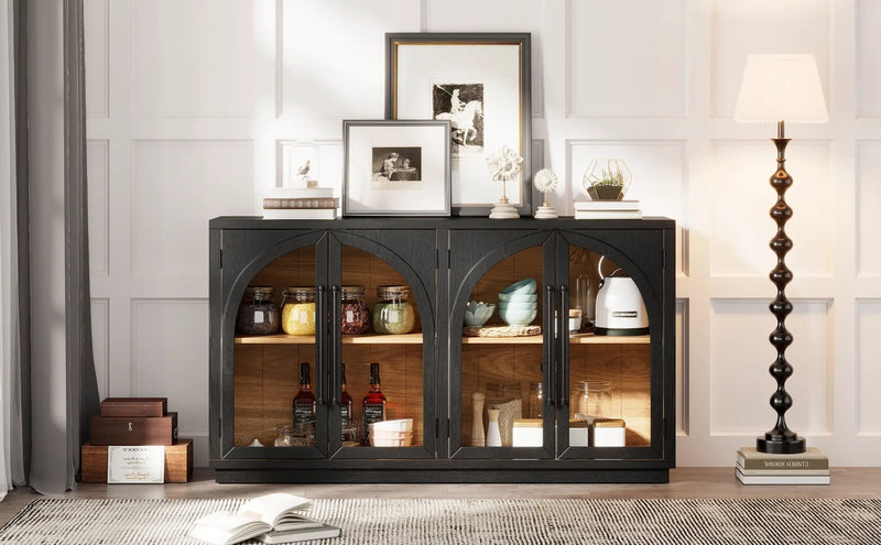 4-Door Large Storage Sideboard Buffet Cabinet with Glass Doors Arched Cabinet (Black) by HouseOfZazla