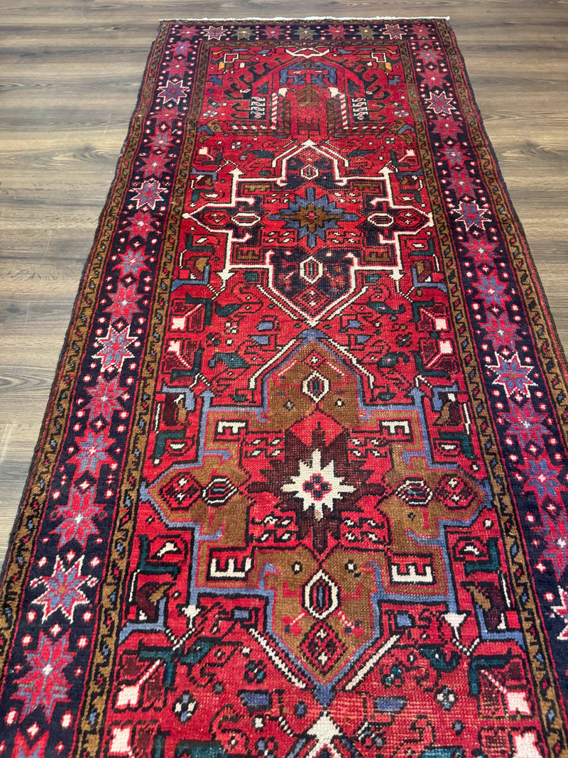 Persian Heriz Karajeh Runner Rug 3.7 x 12, Geometric Medallions, Red and Navy Blue by Jewel Rugs