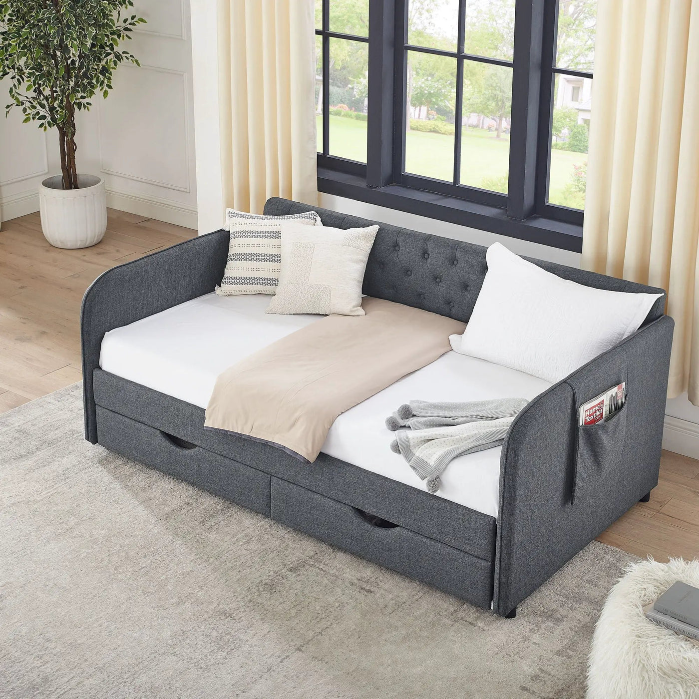 Daybed With Trundle And Storage Drawers, Flat Arms With Pocket by Unique Piece Furniture