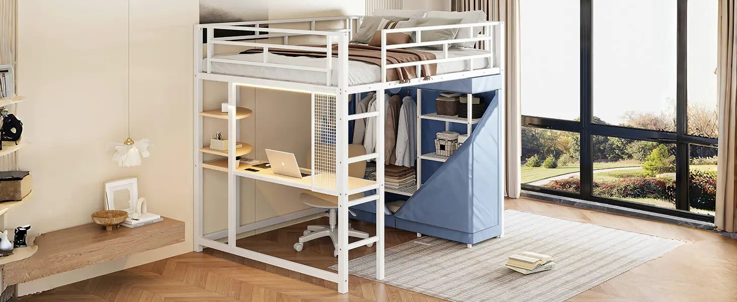 Loft Bed With Desk, Shelves, Power Outlet, LED Light And Wardrobe by HouseOfZazla