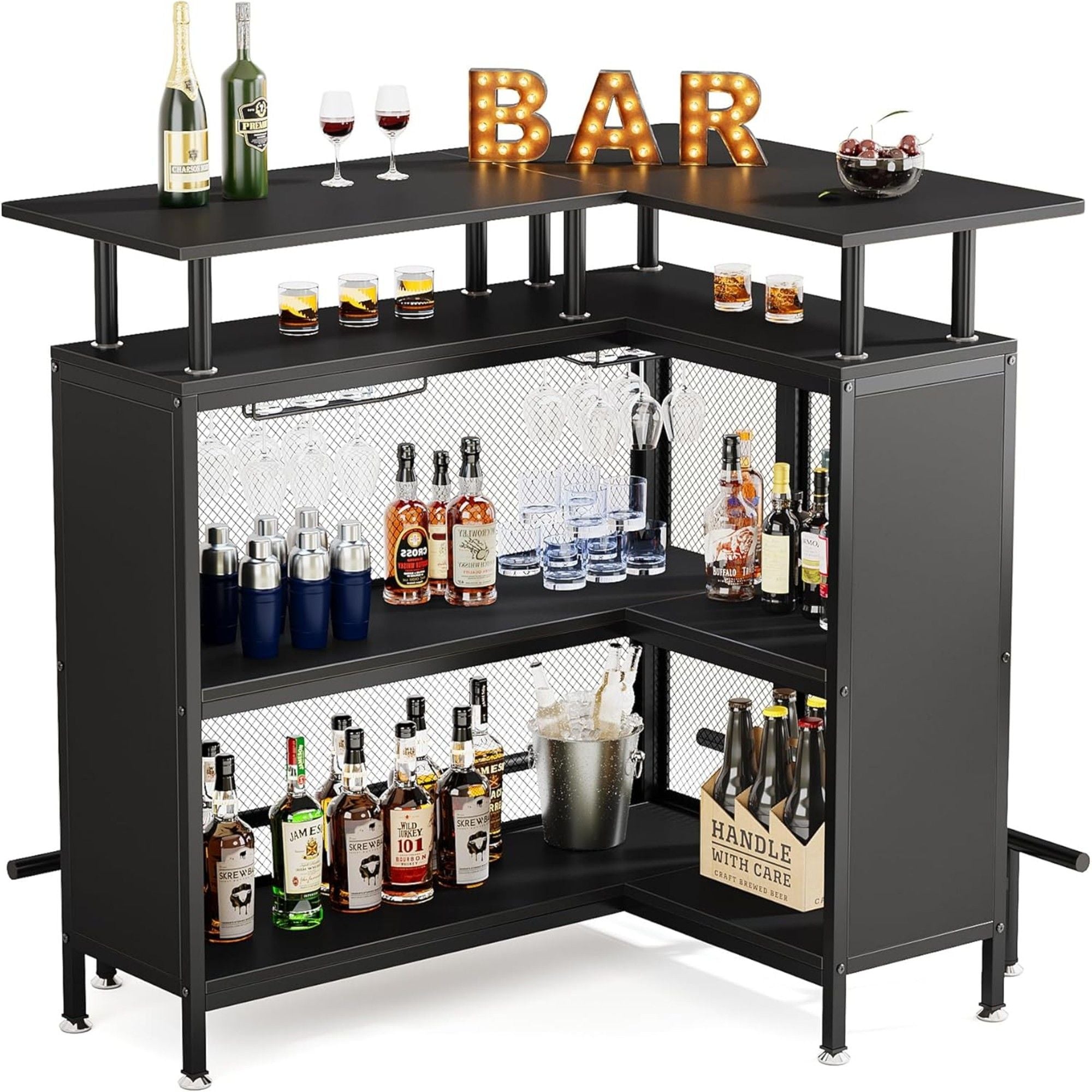 L Shaped Home Mini Bar Table With 2 Tier Shelves & Glass Racks - Black by HouseOfZazla