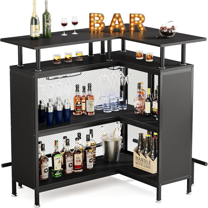 L Shaped Home Mini Bar Table With 2 Tier Shelves & Glass Racks - Black by HouseOfZazla