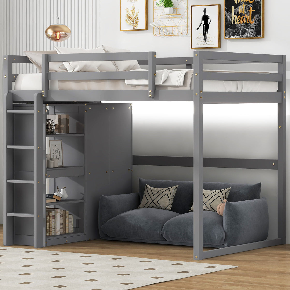 Full Size Loft Bed with Built-In Wardrobe, Storage Shelves & LED Light - White or Dark Gray, photo 19 of 31
