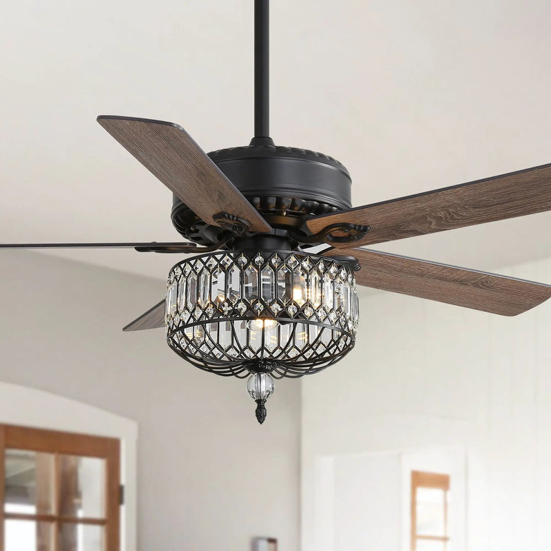 Ceiling Fan With Crystal Lampshade, 5 Blades, DC Motor, 6 Speed Remote Control, 1 / 4 / 8 Hour Timer - Black by Unique Piece Furniture