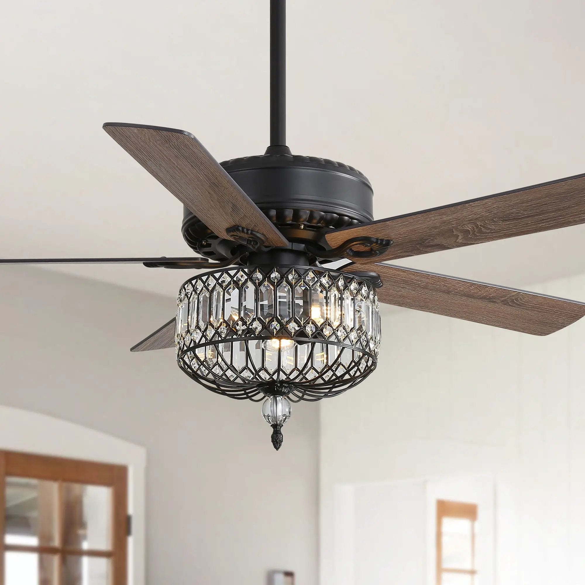 Ceiling Fan With Crystal Lampshade, 5 Blades, DC Motor, 6 Speed Remote Control, 1 / 4 / 8 Hour Timer - Black by HouseOfZazla
