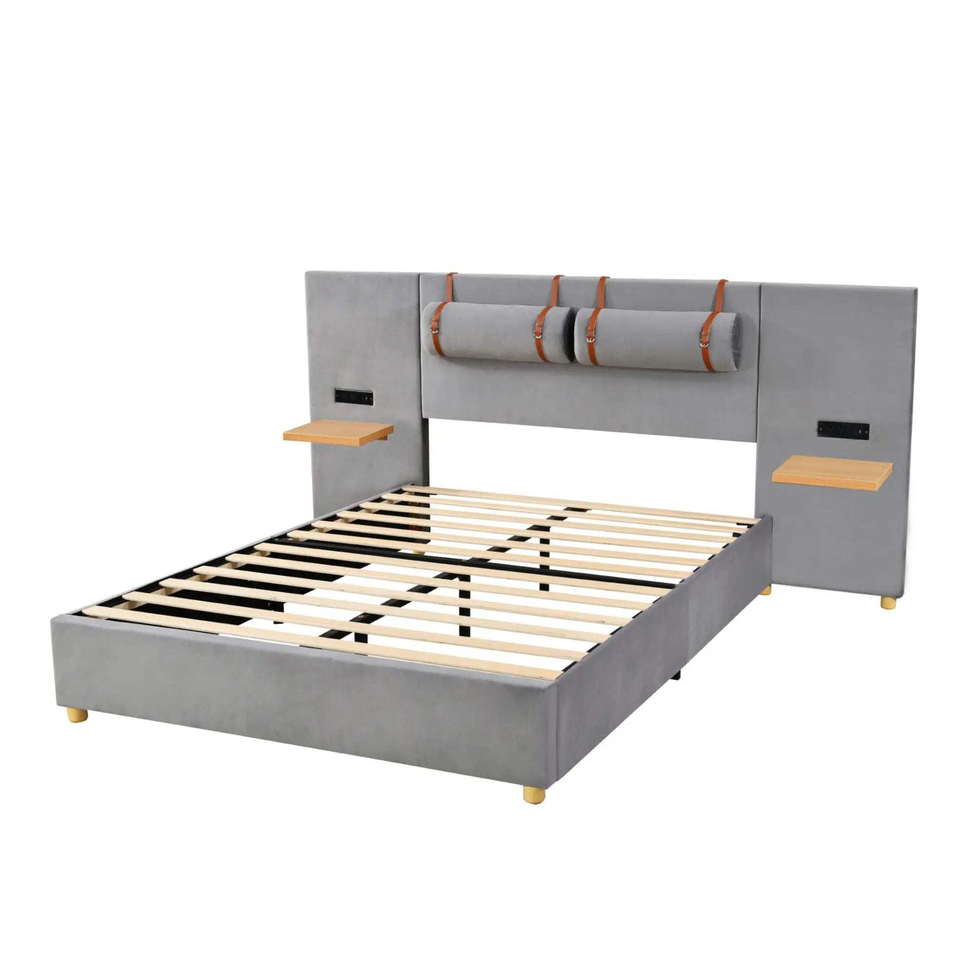Upholstered Platform Bed, 2 Outlets And USB Charging Ports On Both Sides, 2 Bedside Pillows, Storage Shelves by Unique Piece Furniture