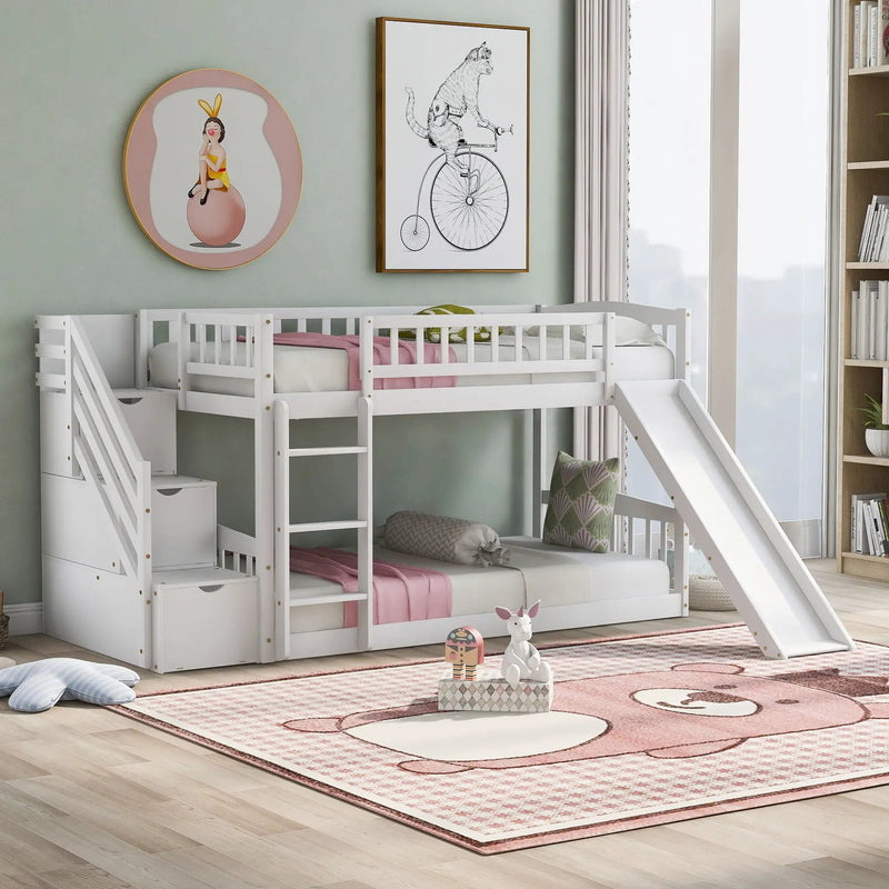 Twin Over Twin Stairway Bunk Bed With Two Drawers And Slide by HouseOfZazla