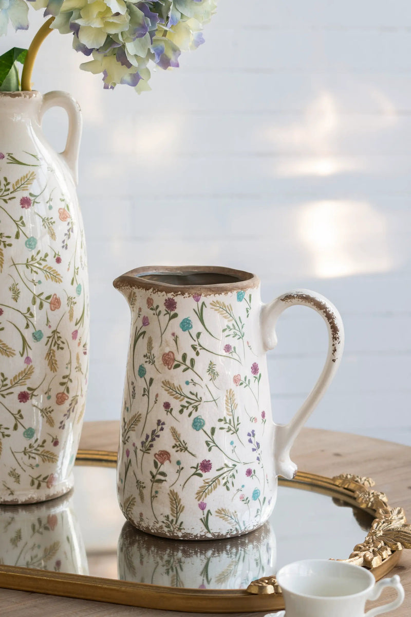 8.1x5.7x9.1" Round Ceramic Pitcher Vase with Multi-Colored Floral Motifs by HouseOfZazla