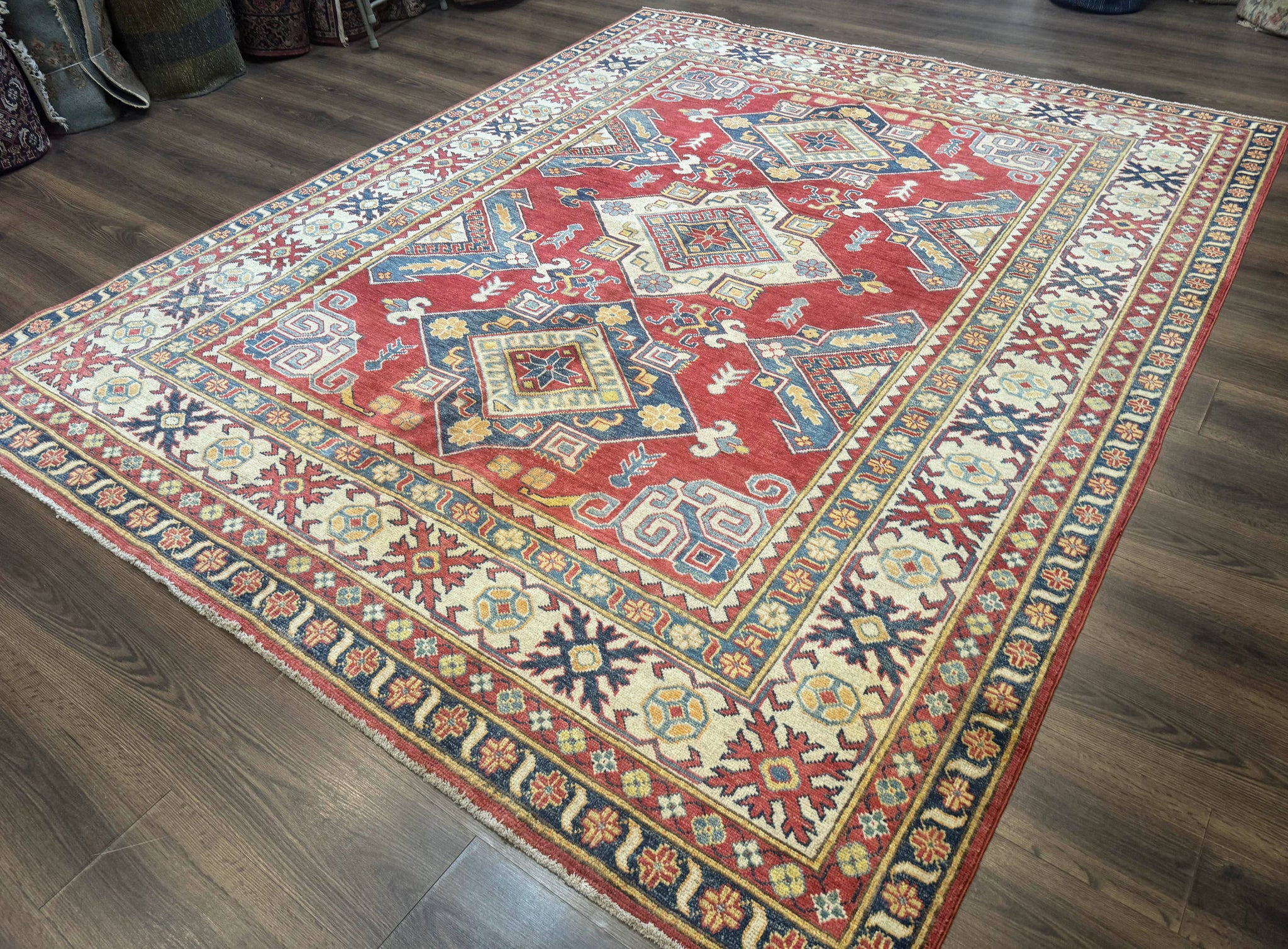 Turkish Kazak Rug 7.6 x 9.5, Geometric Medallions, Caucasian Pattern by Jewel Rugs