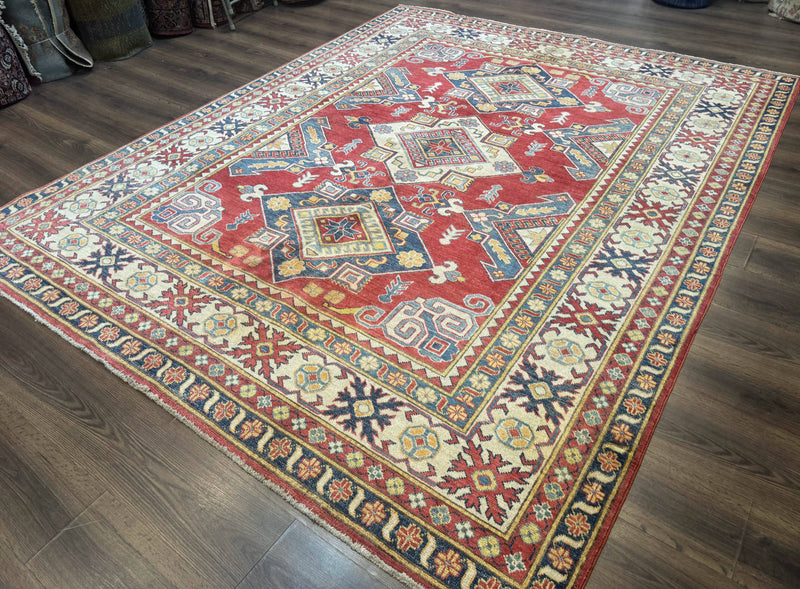 Turkish Kazak Rug 7.6 x 9.5, Geometric Medallions, Caucasian Pattern by Jewel Rugs