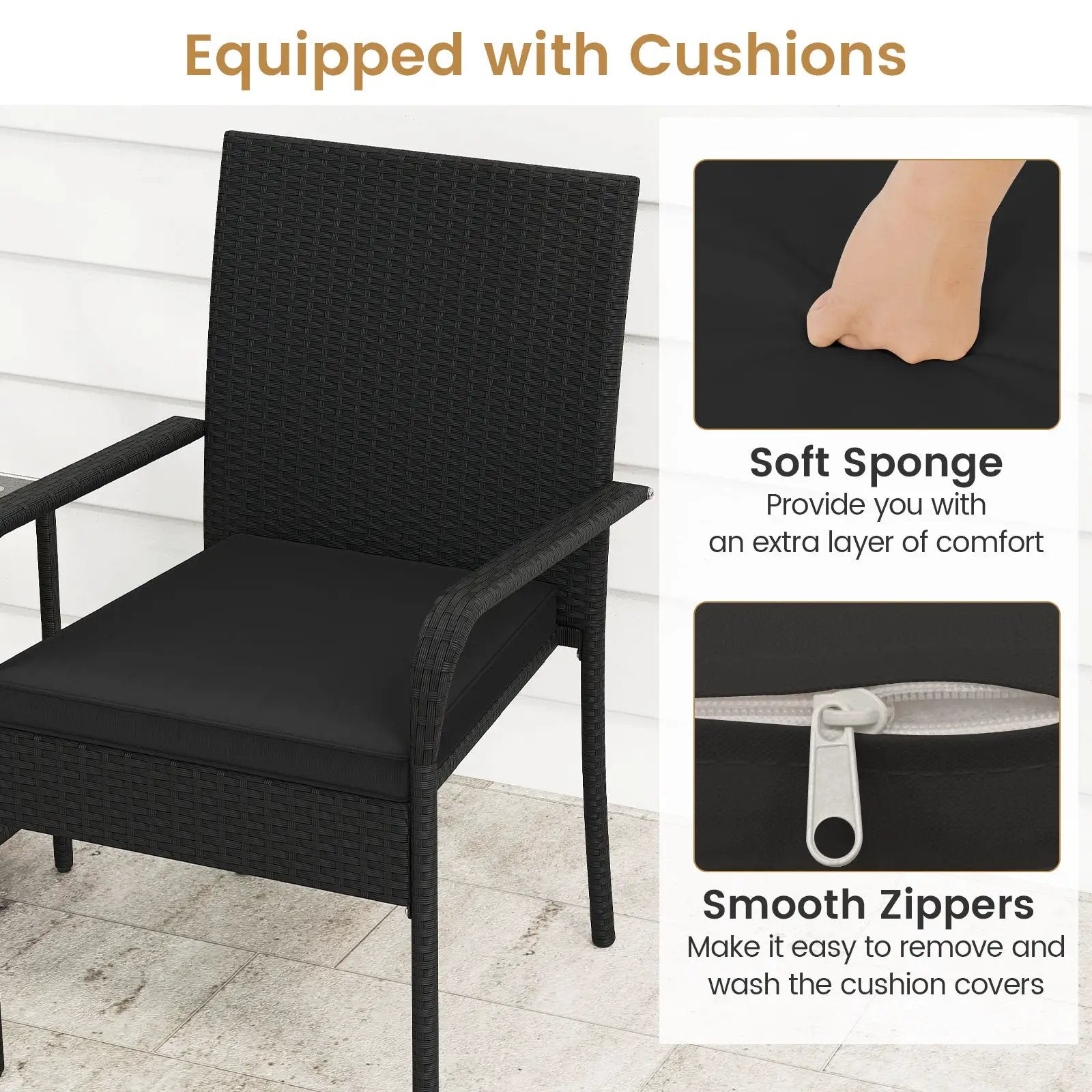 3 Piece Patio Furniture Set with Seat Cushions and Tempered Glass Tabletop by DirectDeals