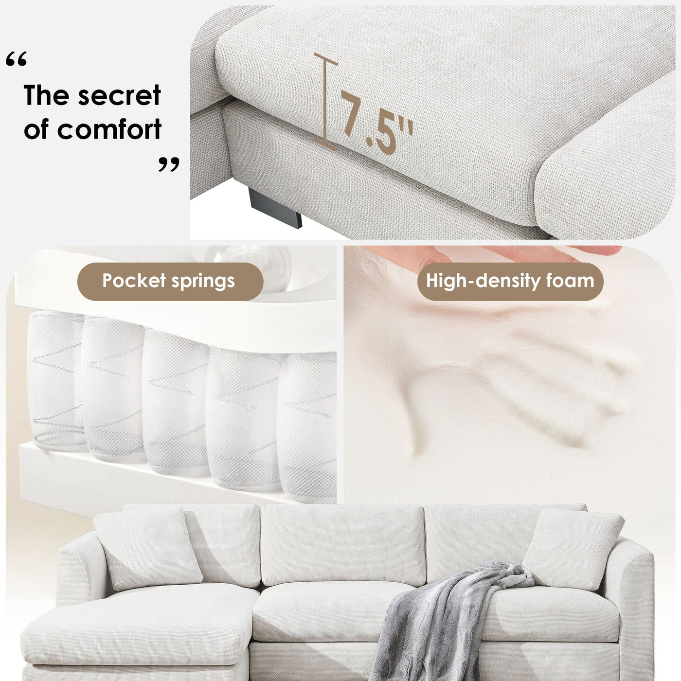 Modern Cloud Sectional Sofa L Shaped Luxury Couch Set With 2 Free Pillows 4 Seat With Oversized Chaise by Unique Piece Furniture