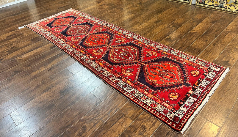 Persian Heriz Runner Rug 3.7 x 11, Persian Tribal Runner, Handmade Wool, Medallions, Geometric, Red, Antique Vintage Hand Knotted Rug by Jewel Rugs