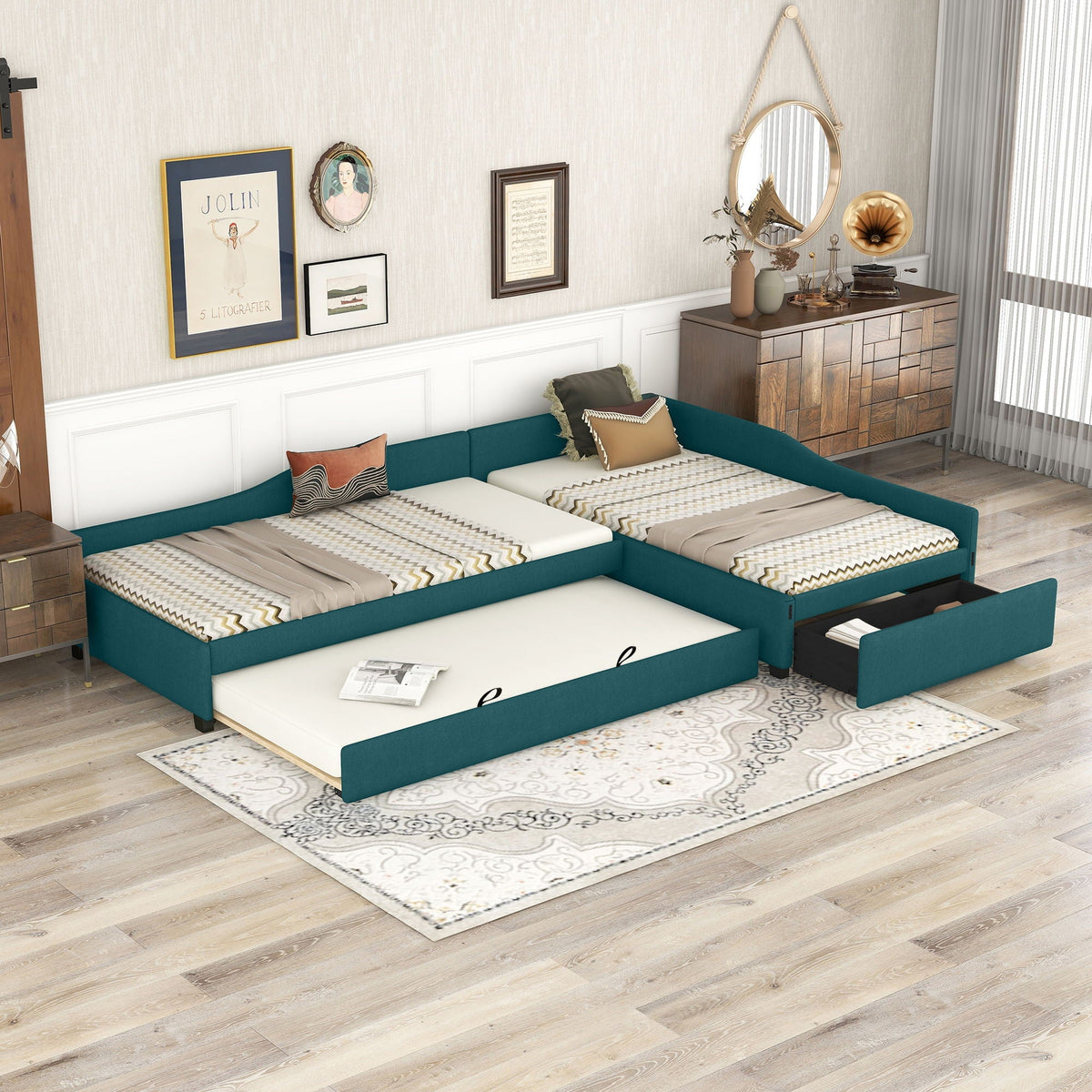Upholstered Double Daybed with Trundle and Drawer - Twin Size, photo 17 of 33