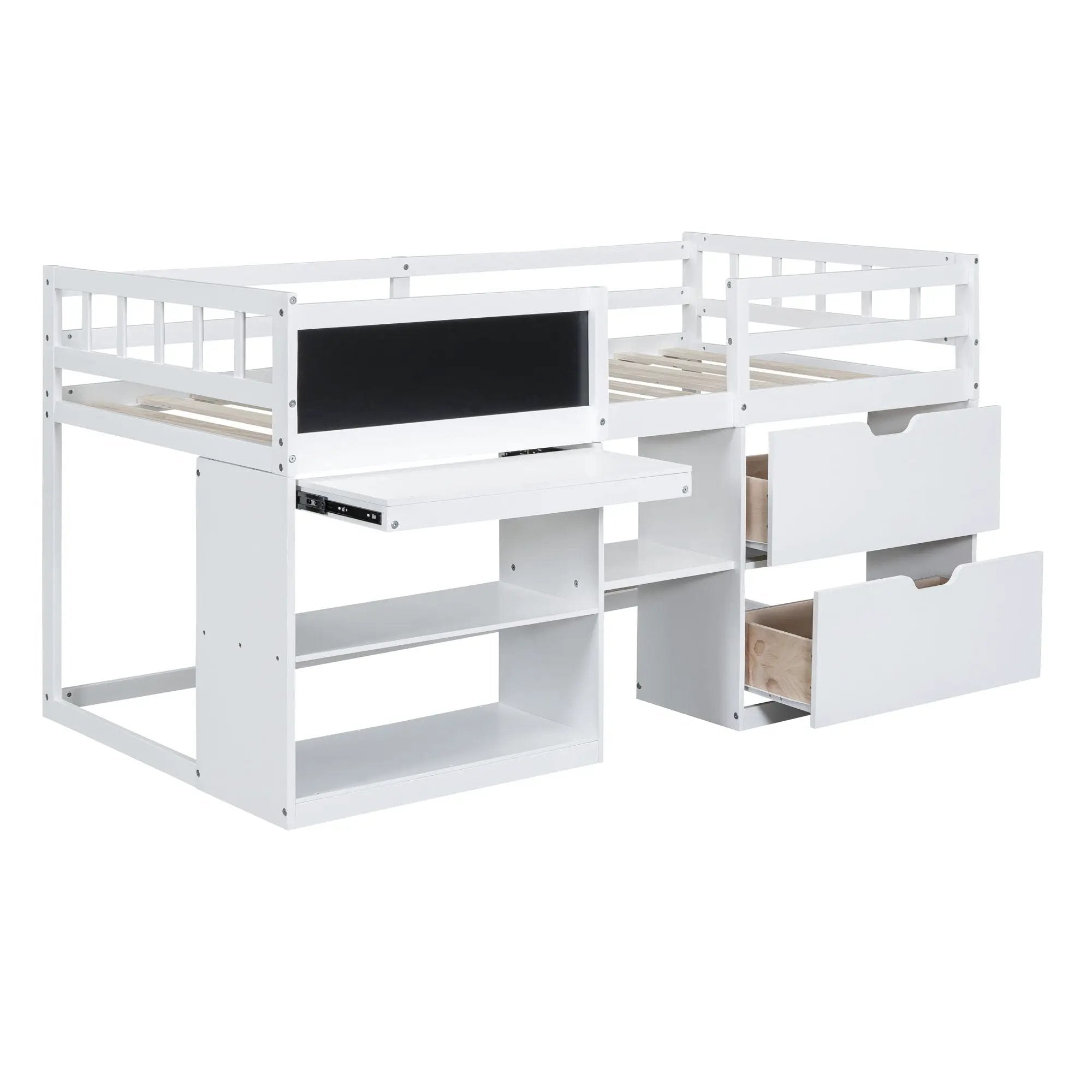Low Loft Bed With Rolling Desk, Shelf And Drawers by HouseOfZazla