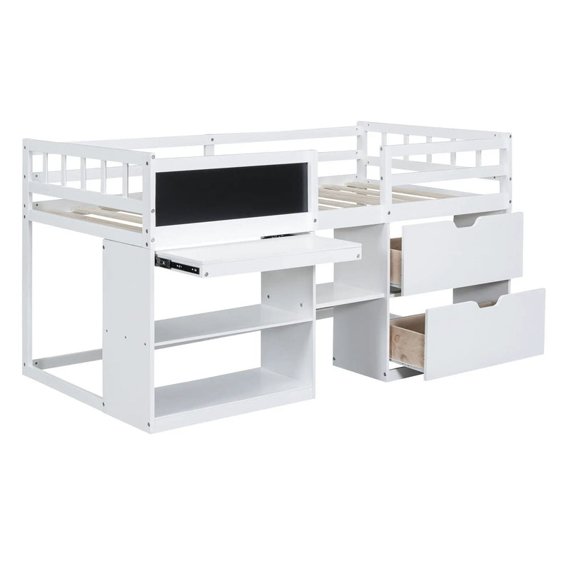 Low Loft Bed With Rolling Desk, Shelf And Drawers by HouseOfZazla