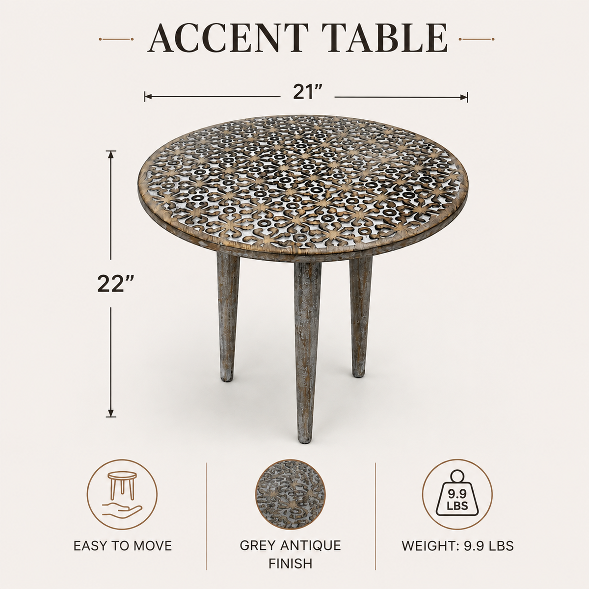 Handcrafted Mango Wood Round Accent Table with Intricate Carving - Gray Antique Wash, photo 4 of 7