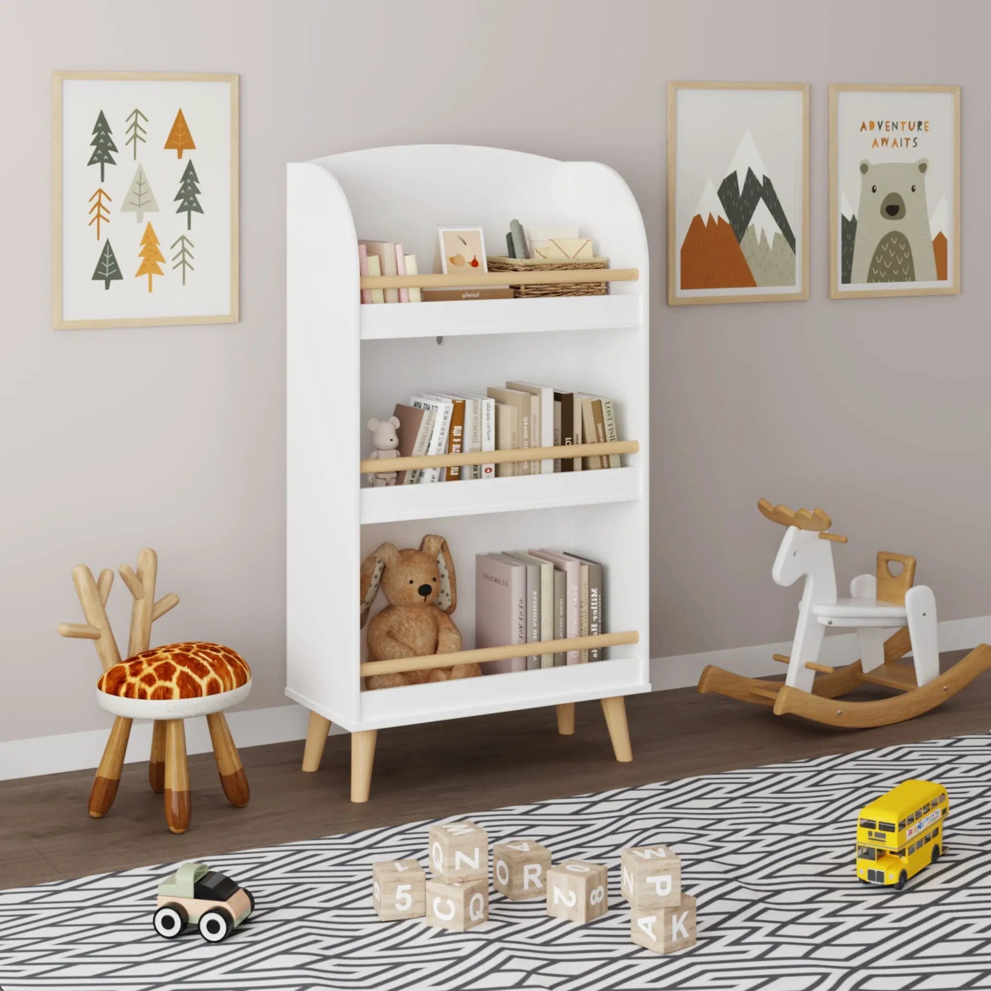Bookshelf 3 Tier Book Organizer With Toy Storage - White by Unique Piece Furniture