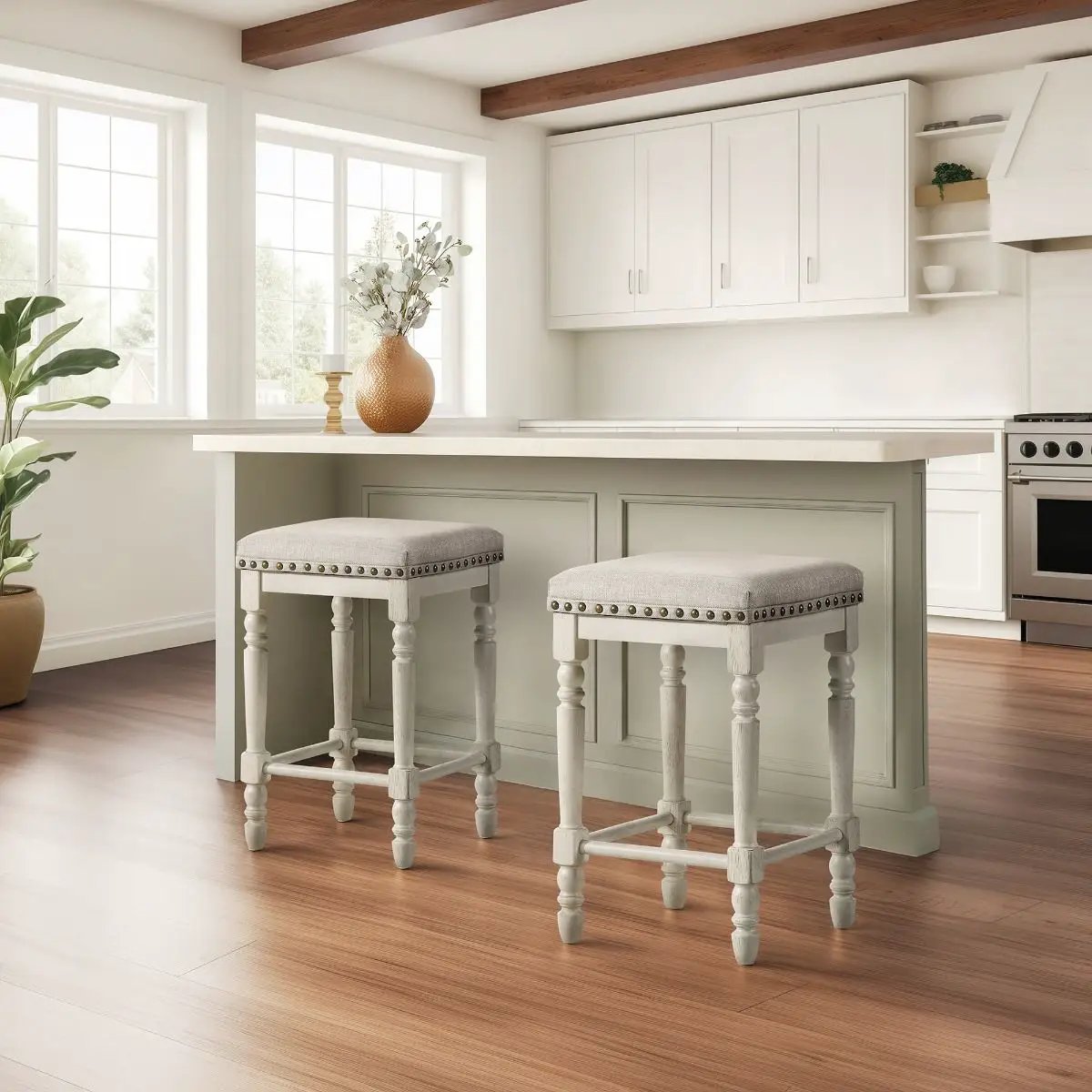 Tasnim - Counter Height Stool (Set of 2) - Tan Fabric & Antique White by Unique Piece Furniture
