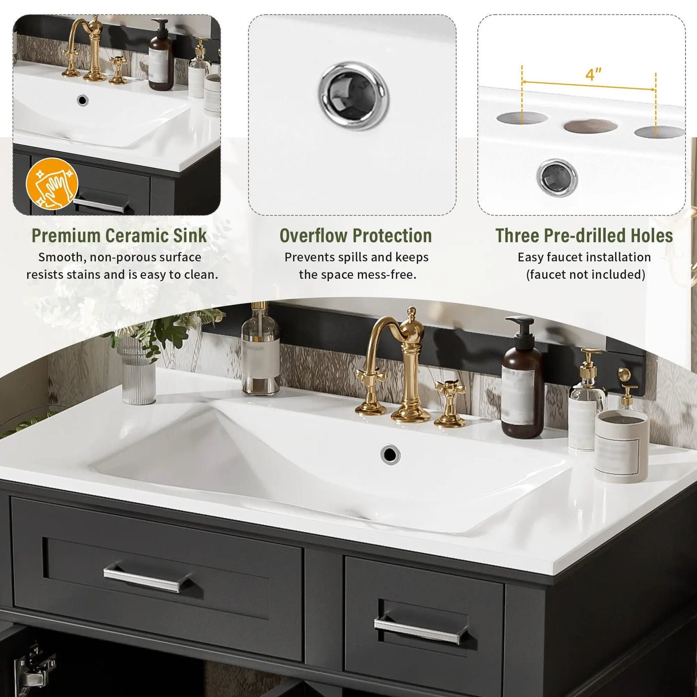 Modern Bathroom Vanity With Sink, Storage Cabinet, Soft Close Doors, Deep & Standard Drawers by HouseOfZazla