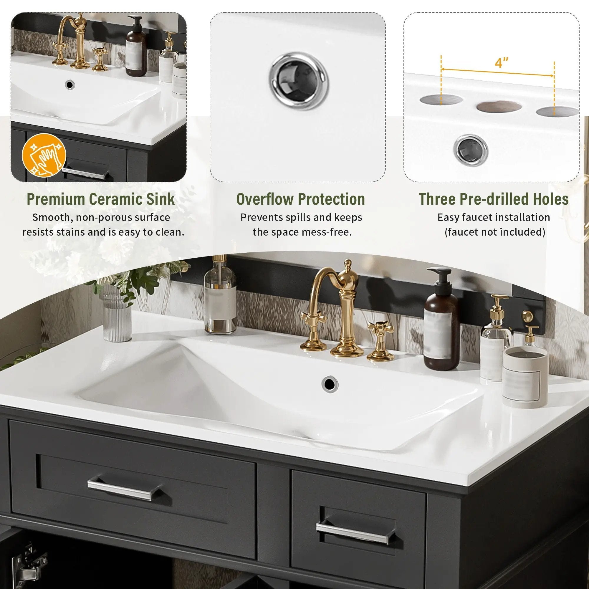 Modern Bathroom Vanity With Sink, Storage Cabinet, Soft Close Doors, Deep & Standard Drawers by Unique Piece Furniture