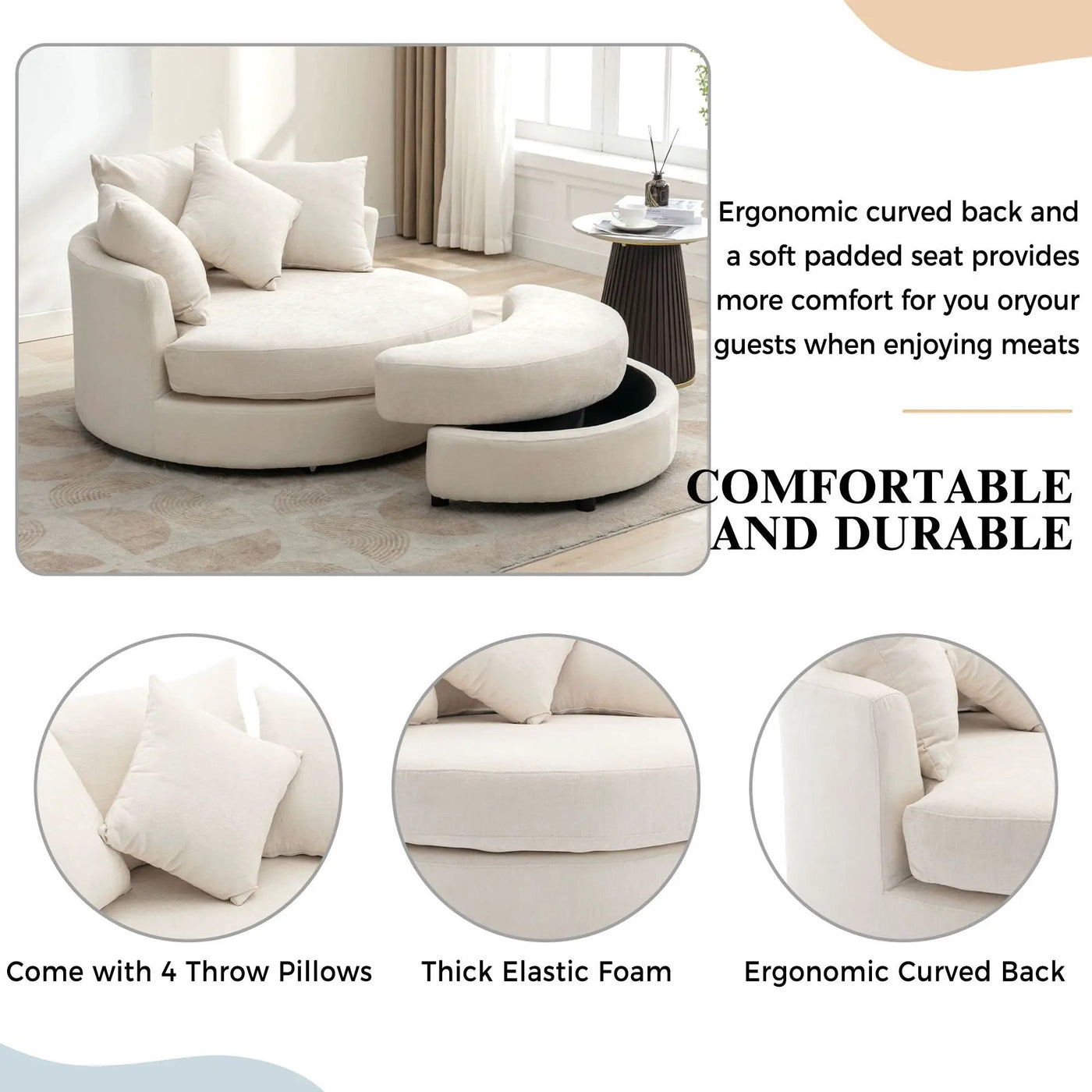 360° Swivel Accent Barrel Chair With Storage Ottoman & 4 Pillows, Modern Leisure Chair Round Accent For Living Room by Unique Piece Furniture