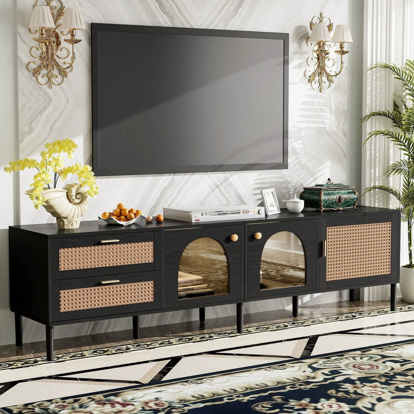 TV Stand With App-Controlled LED Lights, 2 Drawers & Door Storage by HouseOfZazla