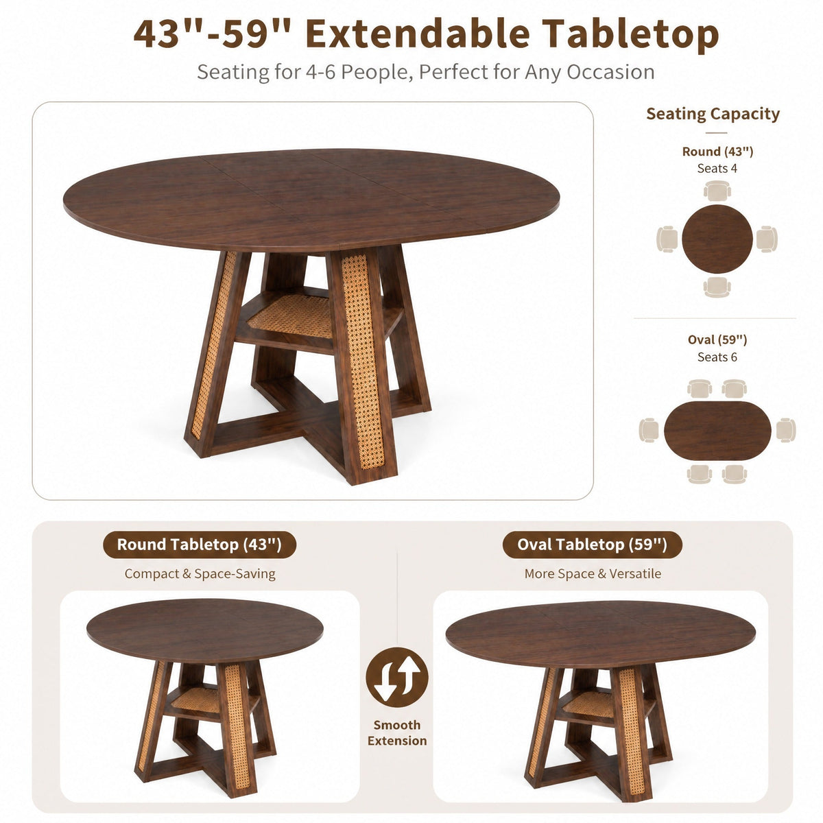 Extendable Round Dining Table for 4-6 with Storage Shelf - Particle Board, photo 3 of 10