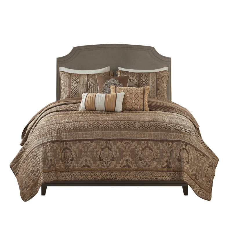 6 Piece Jacquard Quilt Set with Throw Pillows – Brown/Gold King/Cal King by HouseOfZazla