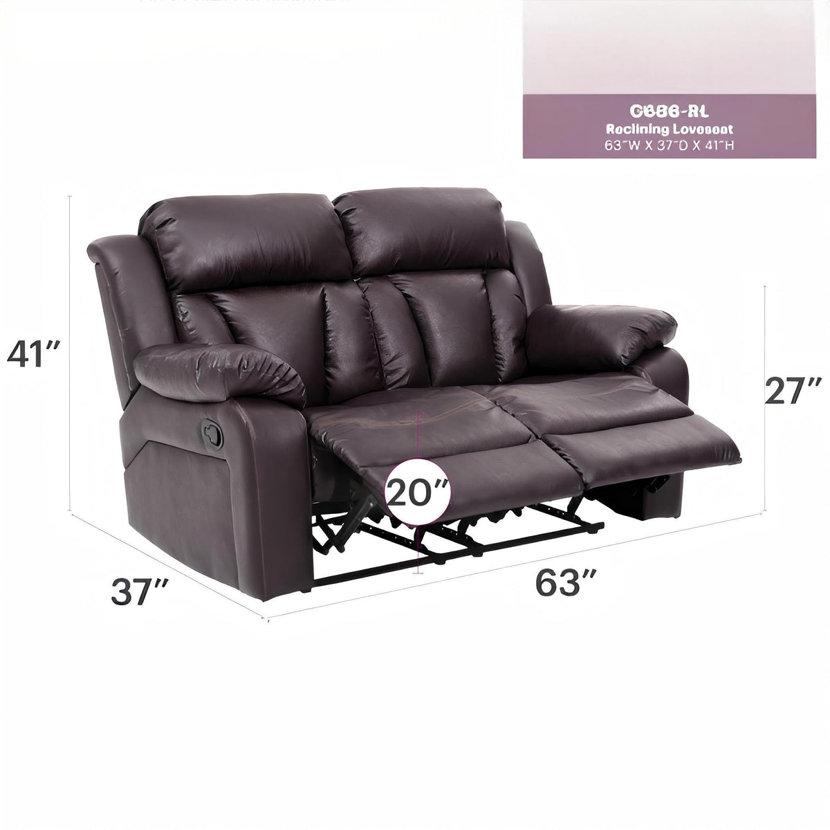 Cozy Padded Reclining Loveseat with Sturdy Construction - White, Black, or Dark Brown, photo 10 of 16