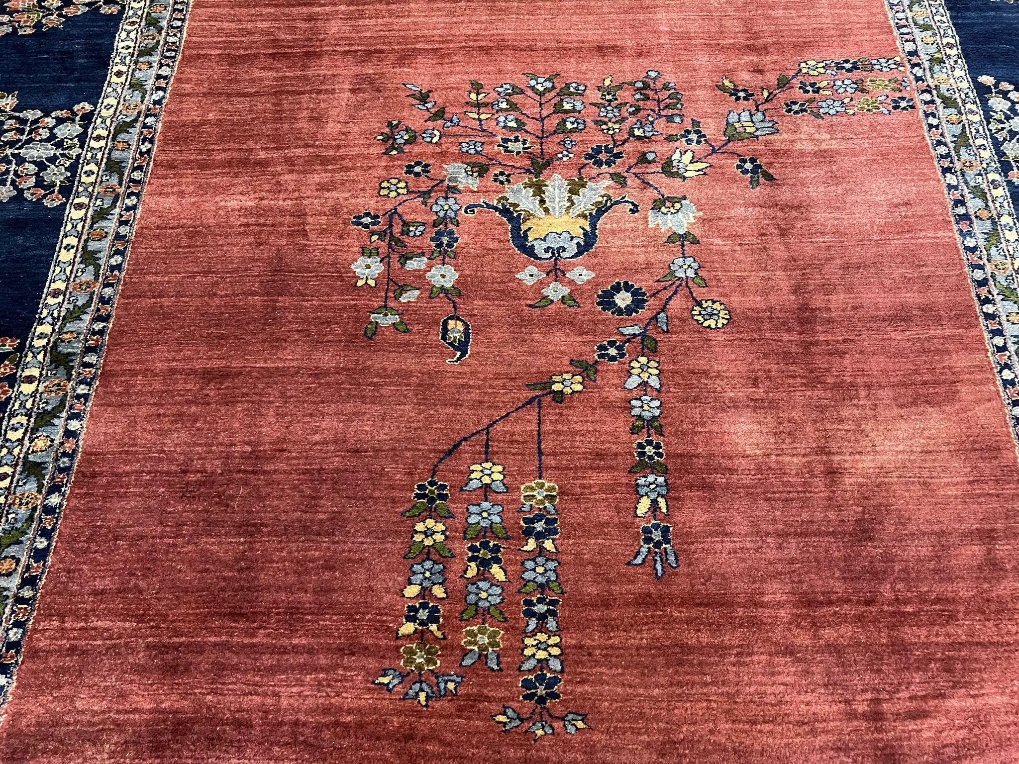 Large Persian Sarouk Rug 10x17, Open Field, Red and Navy Blue, Palace Sized Oversized Hand Knotted Wool Oriental Carpet Flowers Vases Antique 1920s by Jewel Rugs