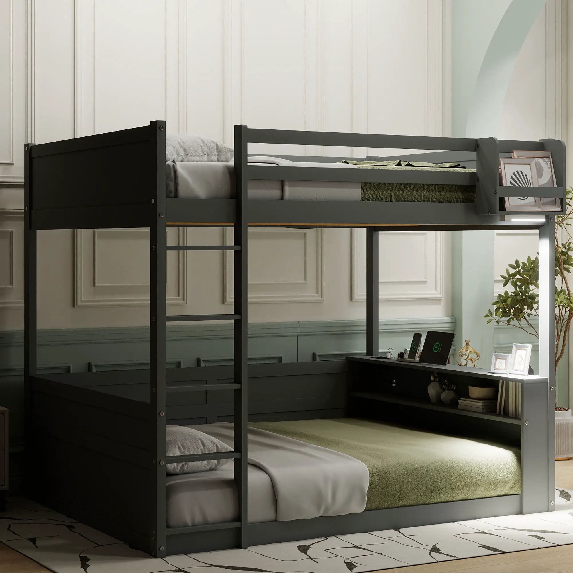 Bunk Bed With Built In Shelves, Storage Box, LED Light And USB Charging Station