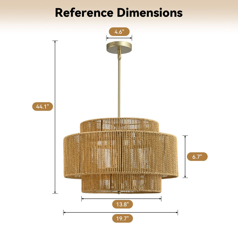 Boho Rattan Chandelier with Rustic Modern 3-Light Design - Natural Finish, photo 7 of 7