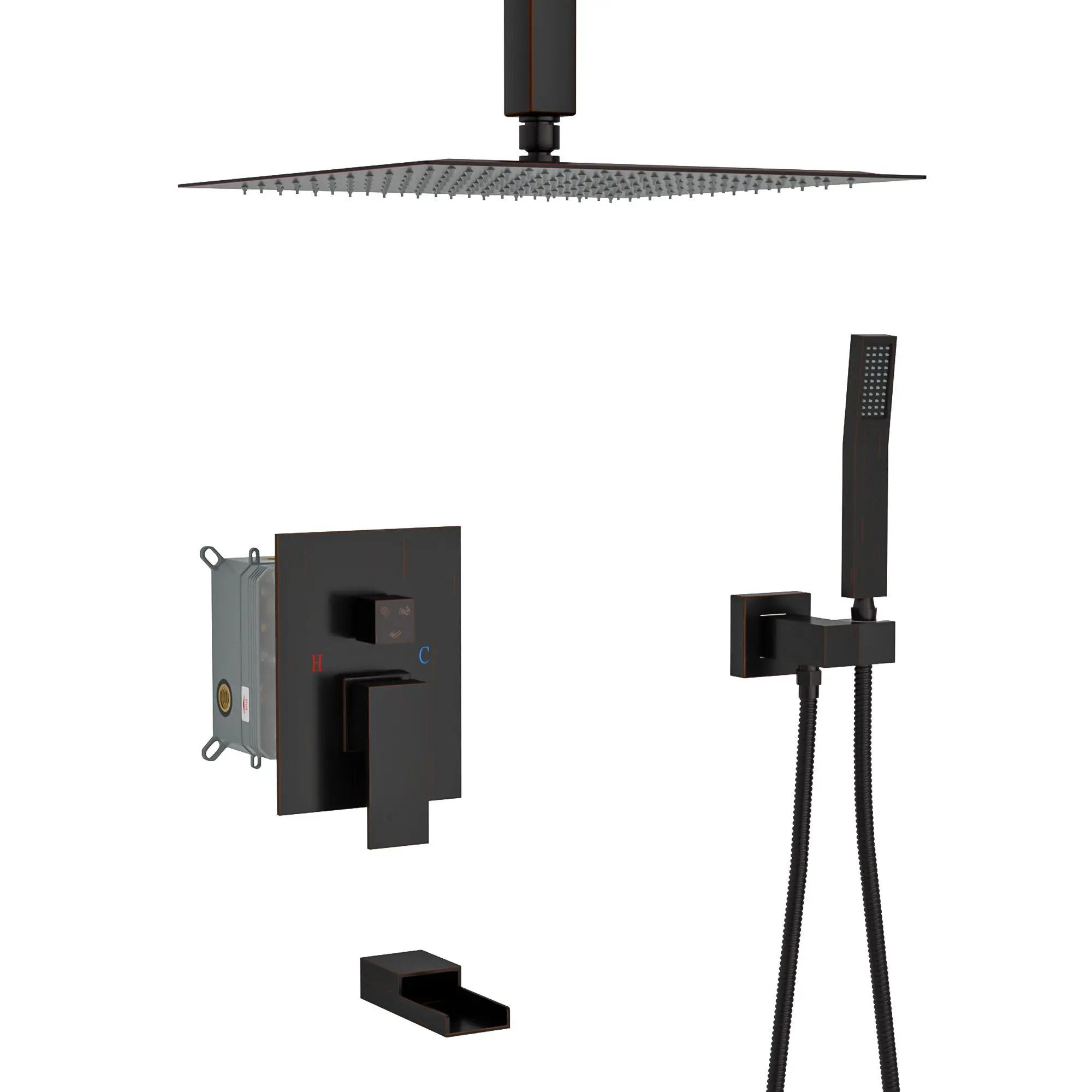 Shower System With Waterfall Tub Spout And 16" Ceiling Mount Square Rain Shower - Oil-Rubbed Bronze by HouseOfZazla