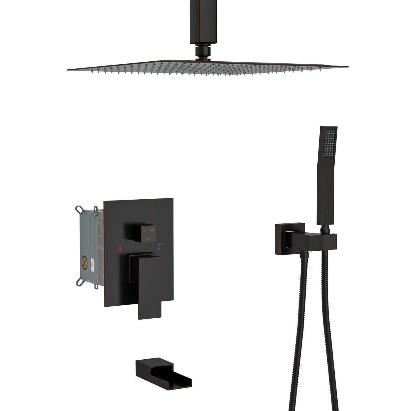 Modern Shower System With Waterfall Tub Spout, 12" Ceiling Mount Square Shower by HouseOfZazla