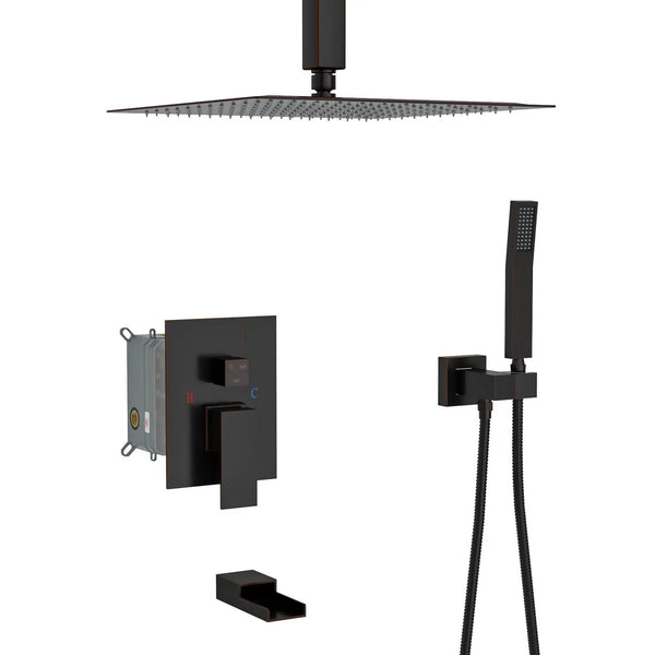Modern Shower System With Waterfall Tub Spout, 12" Ceiling Mount Square Shower
