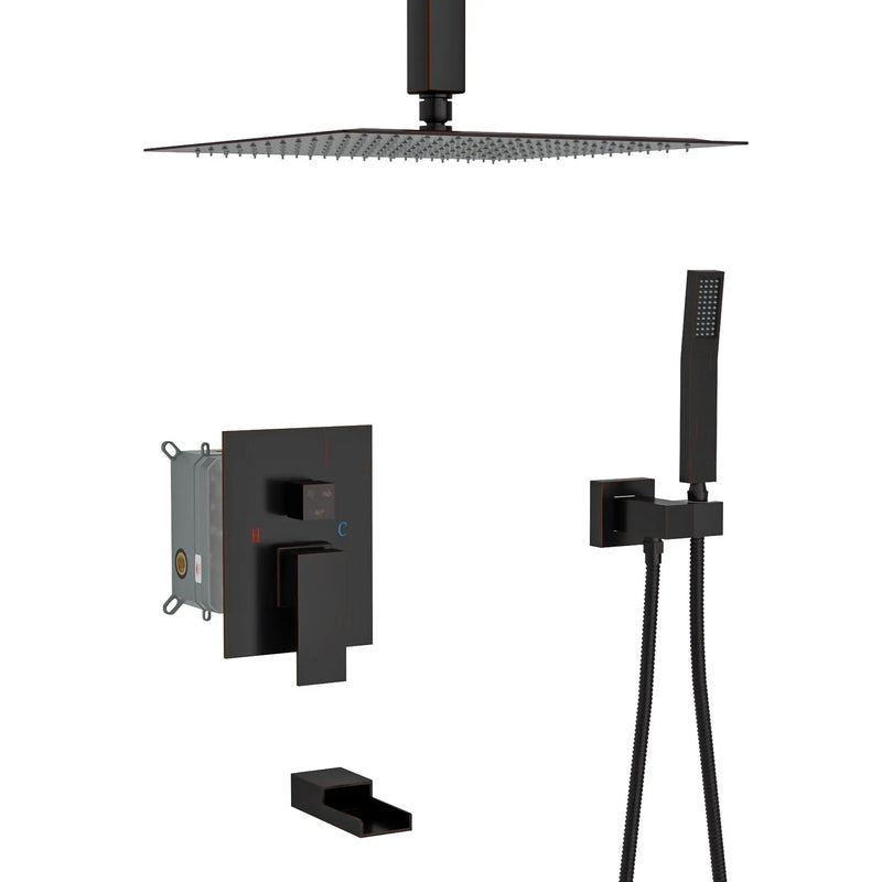 Modern Shower System With Waterfall Tub Spout, 12" Ceiling Mount Square Shower by HouseOfZazla